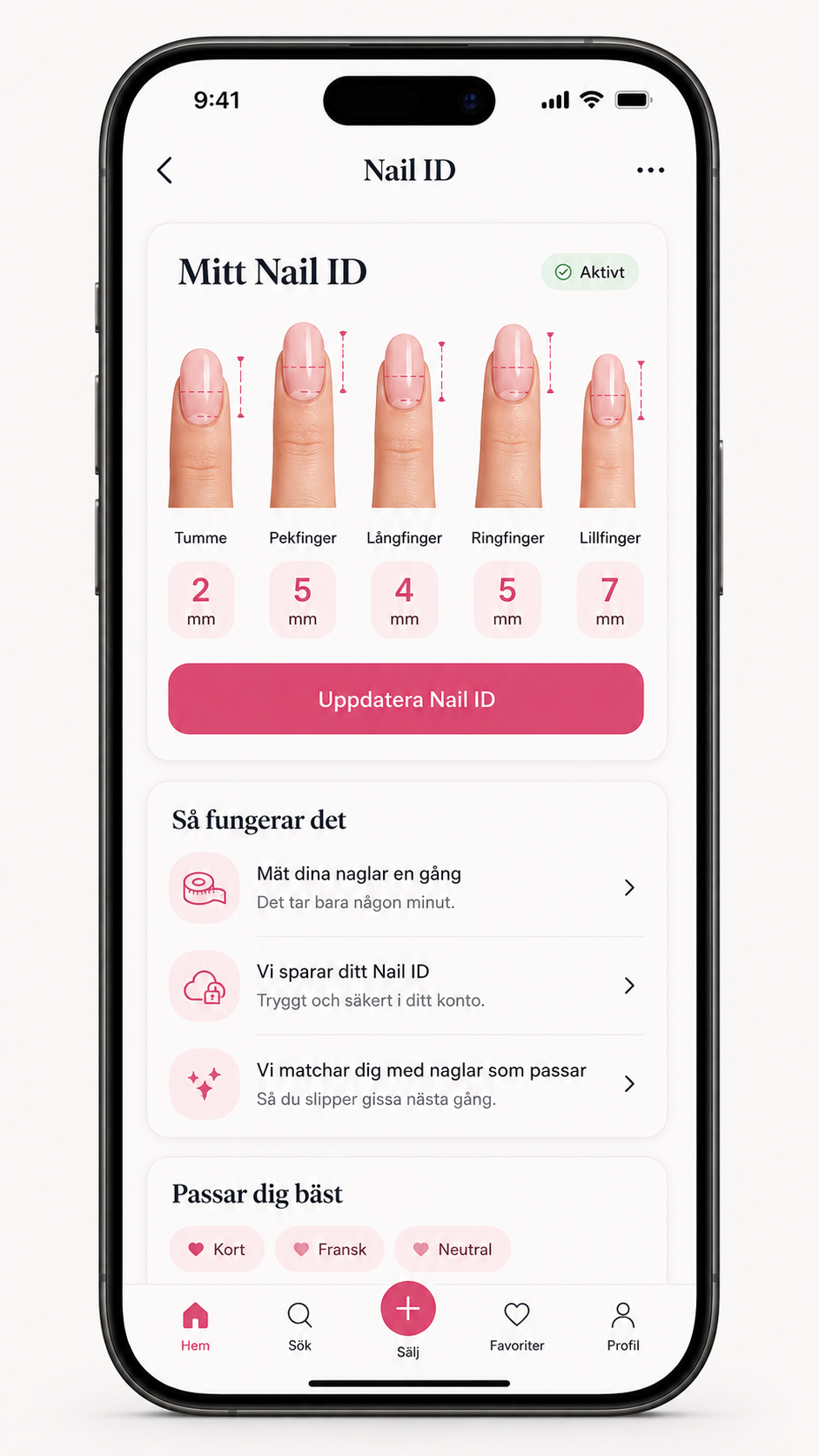 Nail ID-skärmen i Tiplia-appen med mått för tumme, pekfinger, långfinger, ringfinger och lillfinger